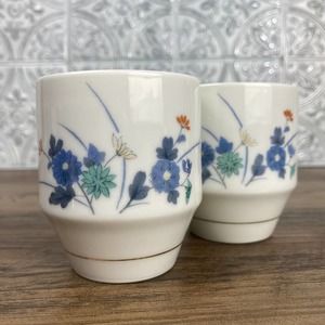Vintage Pair of Blue Floral Japanese Tea Cups, Otagiri OMC, Saki Cups